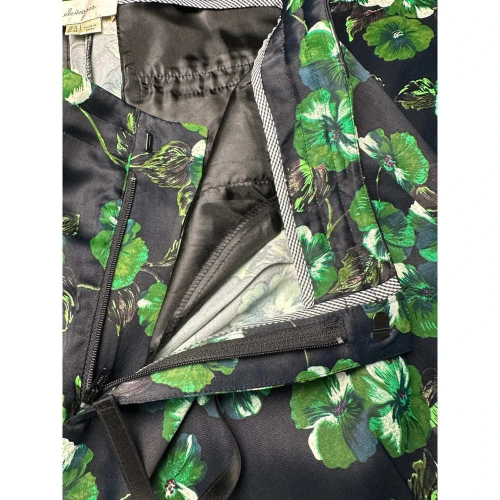 Anthropologie Elevenses Floral Wide Leg Satin Pants 8 Black Green Boho Chic - Picture 10 of 11